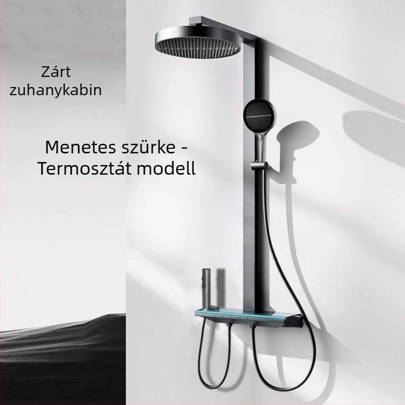 Beépített négyzet alakú zuhanyfej 304 rozsdamentes acélból, forgatható, állítható beállításokkal és nyomásfokozó funkcióval, digitális kijelző a konstans hőmérséklethez, modern minimalistikus kialakítás