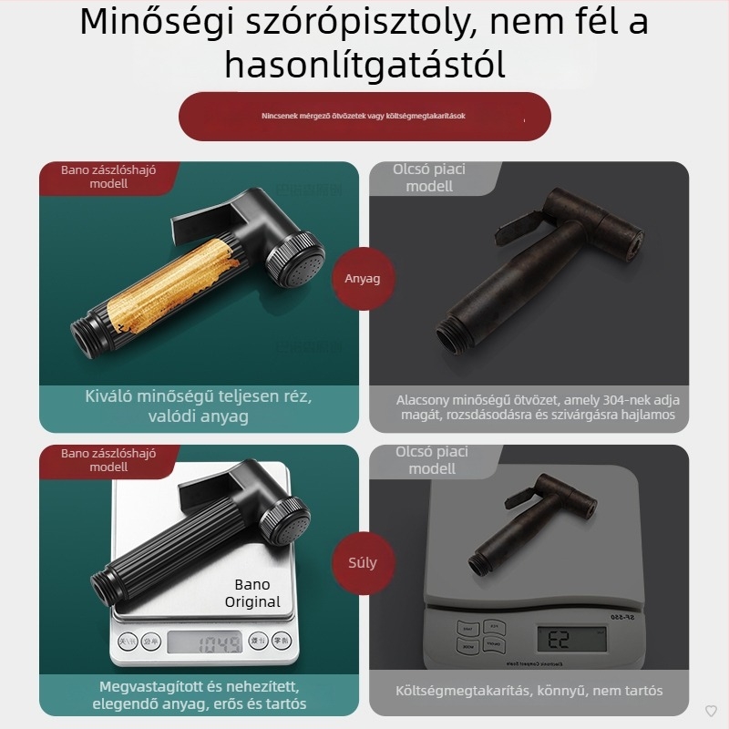 Teljesen rézből készült nyomásos zuhanyfej pisztollyal, kézi zuhany a fürdőszobában