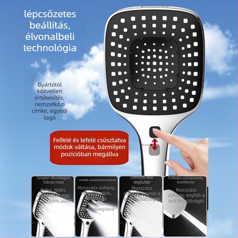 ABS szögletes fejű nyomásos zuhany készlet falra szerelt, permetezés masszázs eső funkciók, modern minimalist stílus, 5–80°C, 1.0–6 kg