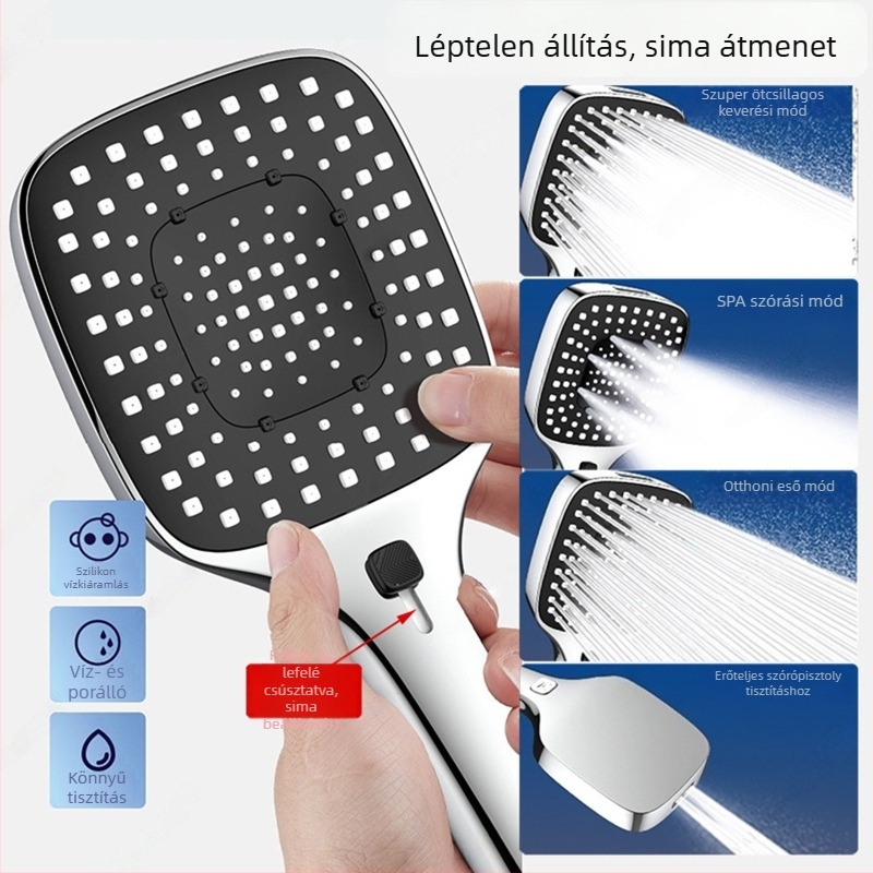 ABS szögletes fejű nyomásos zuhany készlet falra szerelt, permetezés masszázs eső funkciók, modern minimalist stílus, 5–80°C, 1.0–6 kg