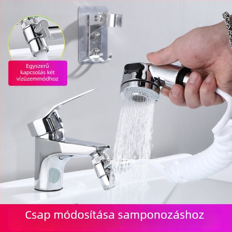 Mosdócsap külső zuhannyal és kézi spriccelő fejjel (ABS; Funkciók: permetezés, eső; Telepítés: spirálos; Működési hőmérséklet: 0–90°C; Névleges nyomás: 1,2 MPa)