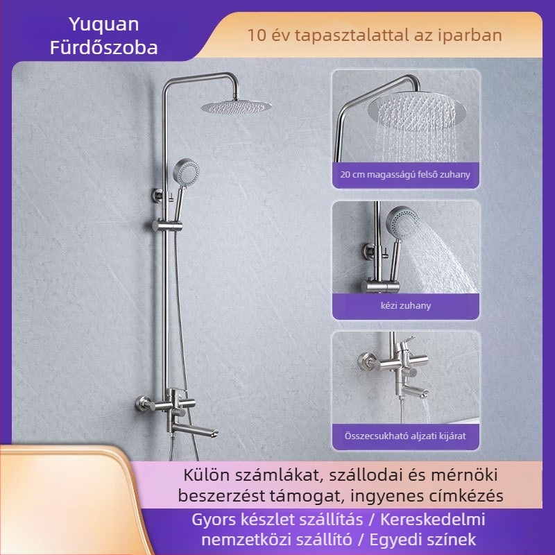 Rozsdamentes acélból falra szerelt zuhanykészlet esős funkcióval, kör alakú keverővel és vegyes víz kimenettel