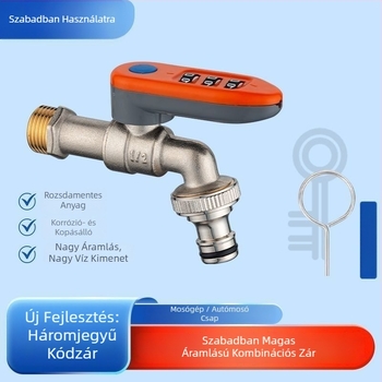 Külső bronz vízellátó csap jelszavas záróval, falba épített, 20 mm szeleptárcsával, teljes réz belső, gyors csatlakozás mosógéphez