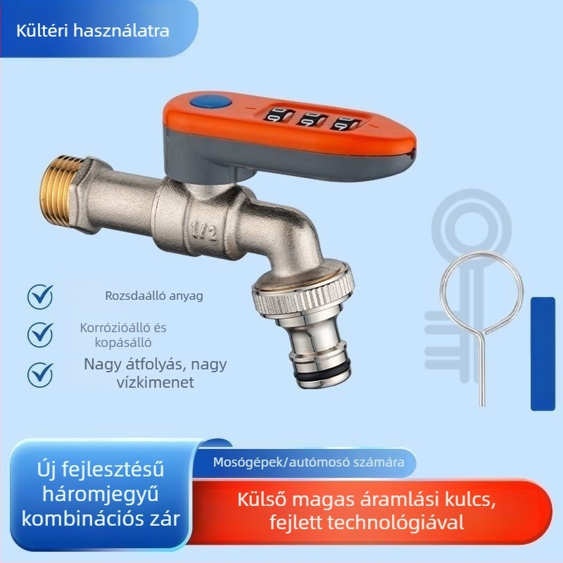 Külső bronz vízellátó csap jelszavas záróval, falba épített, 20 mm szeleptárcsával, teljes réz belső, gyors csatlakozás mosógéphez