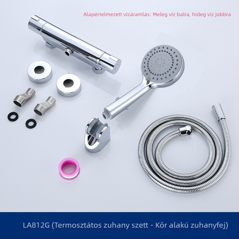 Beépített falba illesztett réz termosztatikus fürdőszobai és zuhanyozókészlet, modell 812G, 0–80°C hőmérséklet-tartomány, bronz szeleptengely