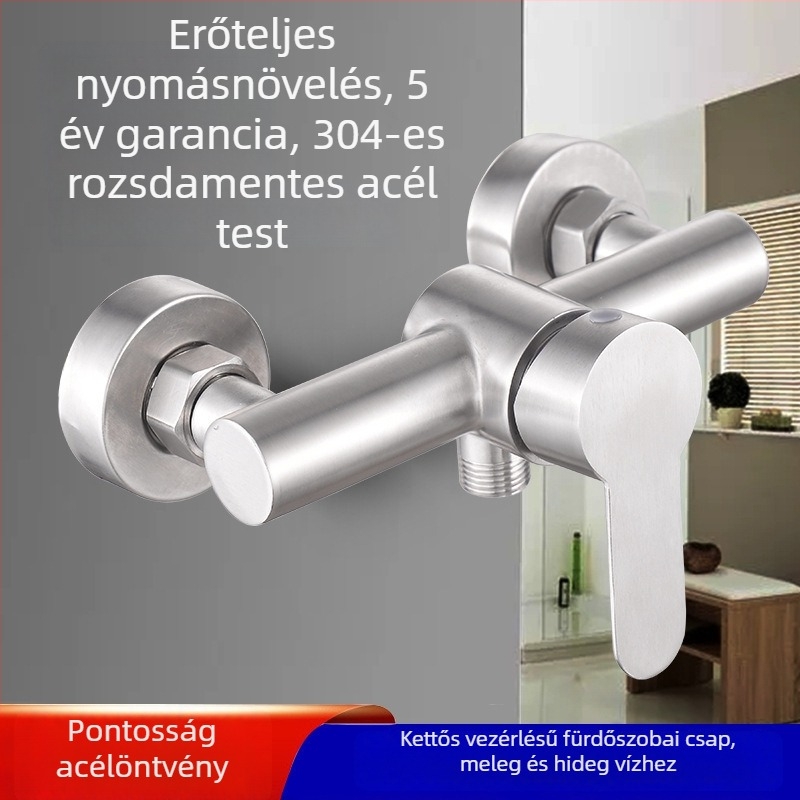 304 rozsdamentes acél fürdőszobai keverőcsaptelep, falra szerelhető, dupla szerkezet (Modell: 304; Anyag: rozsdamentes acél; Szerelés: falra szerelt; Funkció: keverő; Szerkezet: dupla)