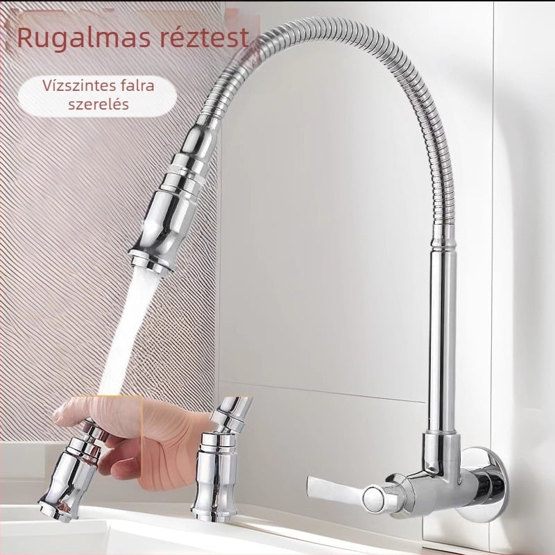 Réz konyhai falra szerelhető csaptelep, kerámiás szeleppel, 14 mm bemenet/kimenet, működési hőmérséklet 0–90 °C