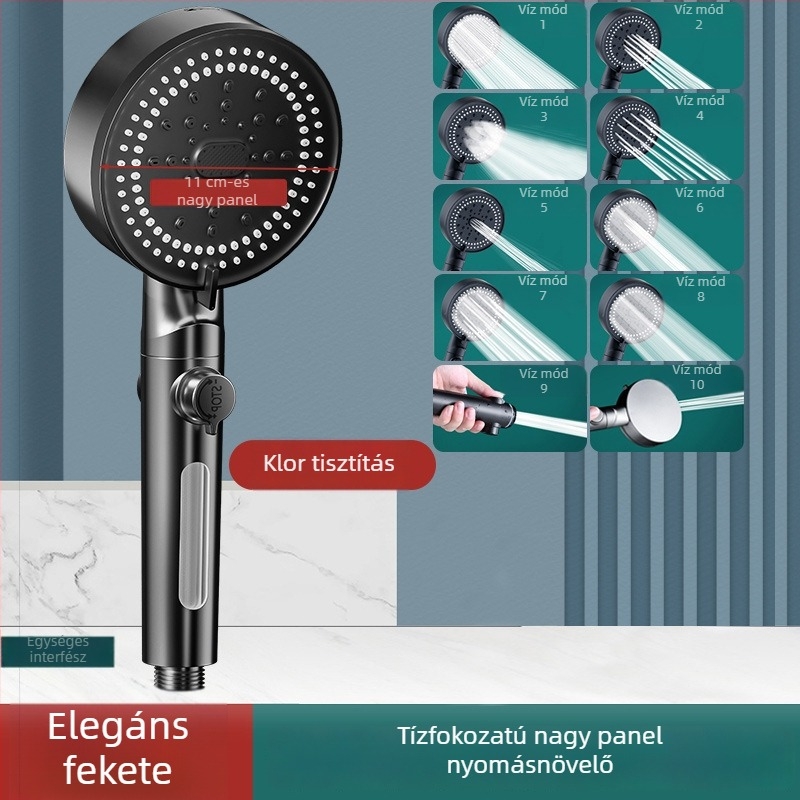 Kézi hordozható zuhanyfej – erőteljes nyomású sugár, 4-pontos univerzális tömlőcsatlakozás, műanyag test elektroplakáttal, modell 161, kör alak