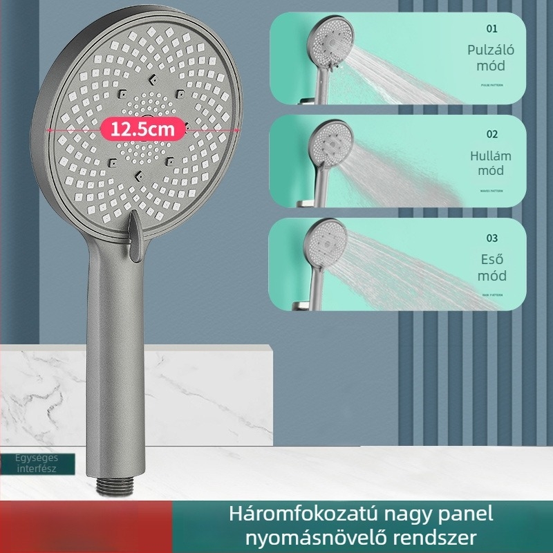 Kézi hordozható zuhanyfej – erőteljes nyomású sugár, 4-pontos univerzális tömlőcsatlakozás, műanyag test elektroplakáttal, modell 161, kör alak