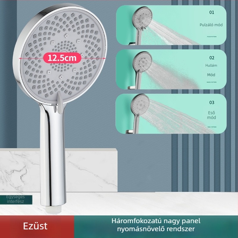 Kézi hordozható zuhanyfej – erőteljes nyomású sugár, 4-pontos univerzális tömlőcsatlakozás, műanyag test elektroplakáttal, modell 161, kör alak