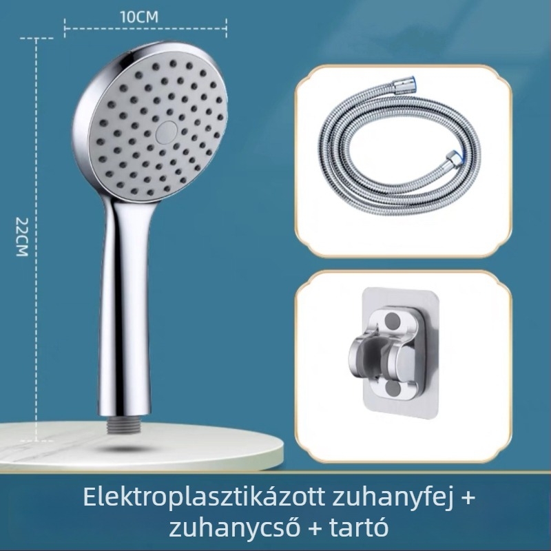 Kézi zuhanyfej fürdőszobába – ABS anyag, esőzuhany funkció, négypontú csatlakozás, kör alakú sugárzás, elektroplatinált felület