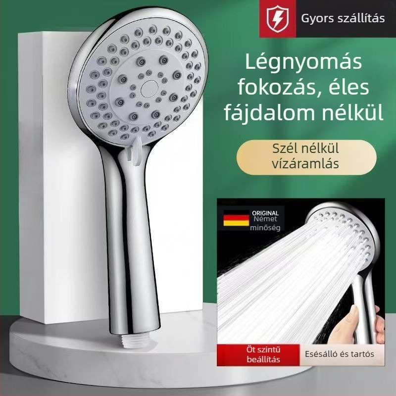 Hordozható zuhanykészlet permetező és eső üzemmódokkal; műanyag kivitel; spirálos szerelés; kerek formájú