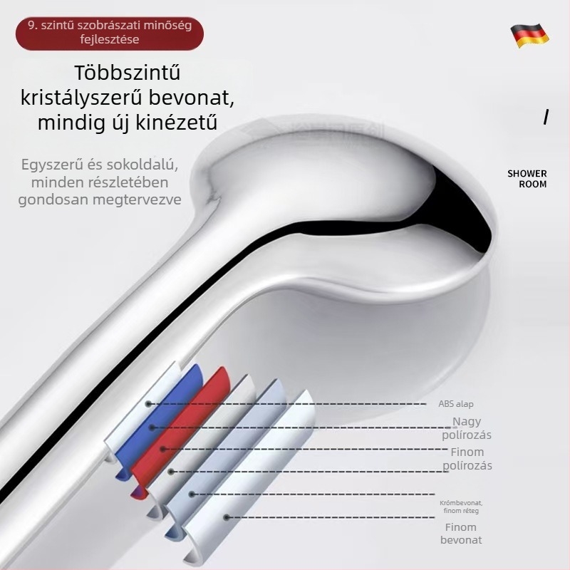 Hordozható zuhanykészlet permetező és eső üzemmódokkal; műanyag kivitel; spirálos szerelés; kerek formájú