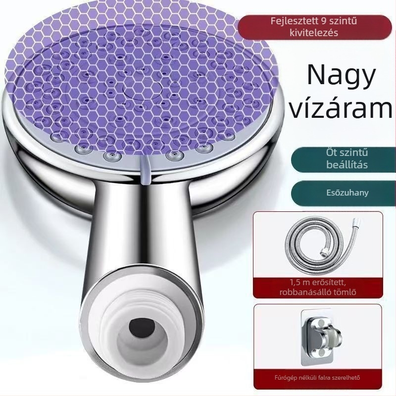 Hordozható zuhanykészlet permetező és eső üzemmódokkal; műanyag kivitel; spirálos szerelés; kerek formájú