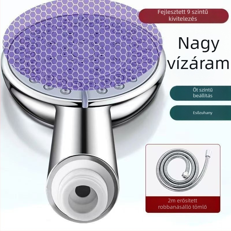 Hordozható zuhanykészlet permetező és eső üzemmódokkal; műanyag kivitel; spirálos szerelés; kerek formájú