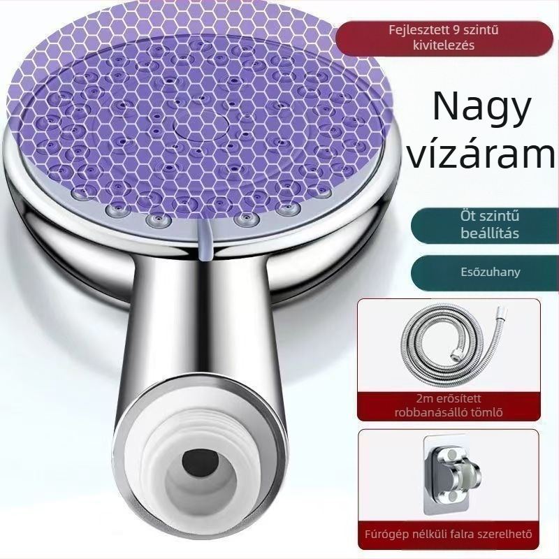 Hordozható zuhanykészlet permetező és eső üzemmódokkal; műanyag kivitel; spirálos szerelés; kerek formájú