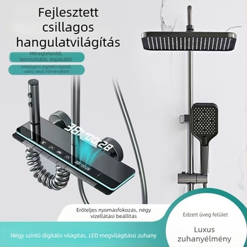 Zuhanykészlet négyzet alakú zuhanyfejjel és digitális kijelzővel (Space alumínium, hőmérséklet szabályozás, LED hangulatvilágítás, falra szerelhető)