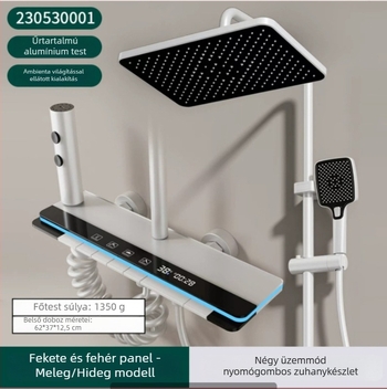 Zuhanykészlet négyzet alakú zuhanyfejjel és digitális kijelzővel (Space alumínium, hőmérséklet szabályozás, LED hangulatvilágítás, falra szerelhető)