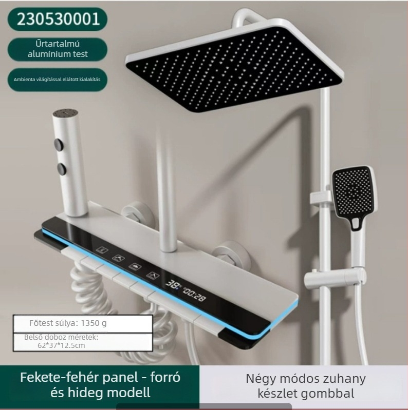 Zuhanykészlet négyzet alakú zuhanyfejjel és digitális kijelzővel (Space alumínium, hőmérséklet szabályozás, LED hangulatvilágítás, falra szerelhető)
