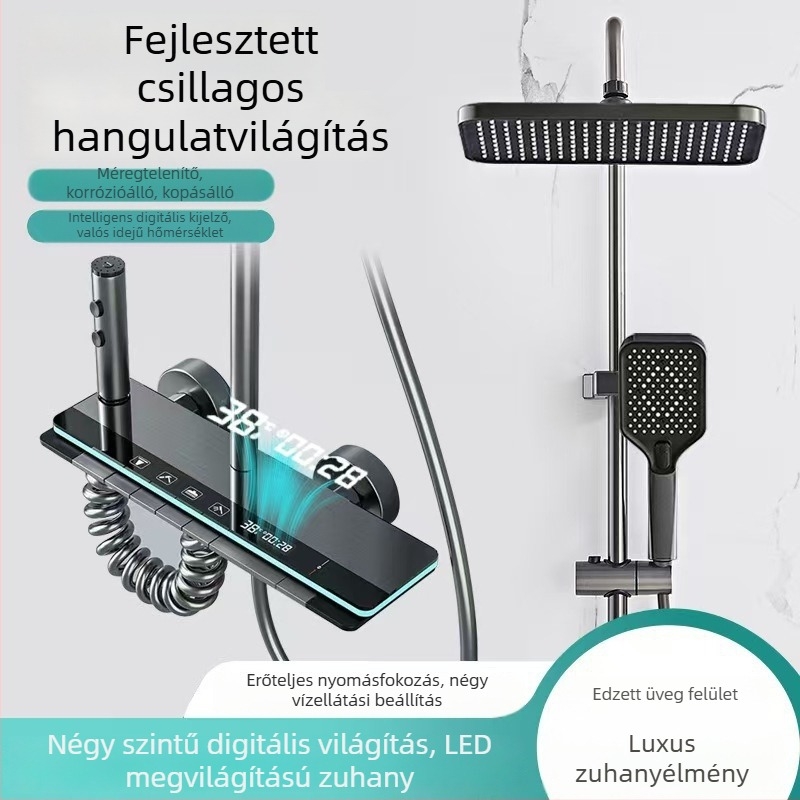 Zuhanykészlet négyzet alakú zuhanyfejjel és digitális kijelzővel (Space alumínium, hőmérséklet szabályozás, LED hangulatvilágítás, falra szerelhető)