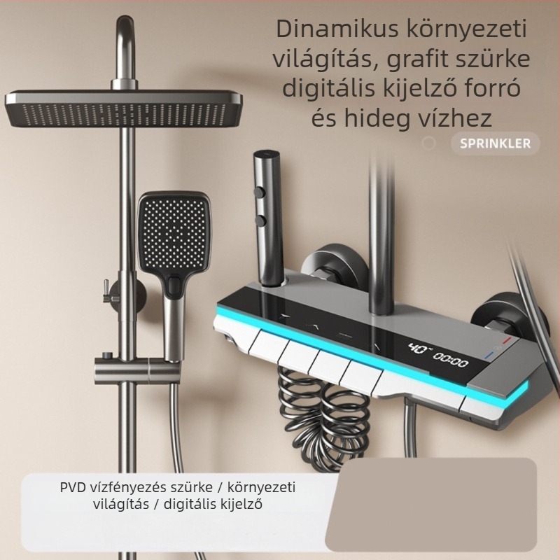 Zuhanykészlet négyzet alakú zuhanyfejjel és digitális kijelzővel (Space alumínium, hőmérséklet szabályozás, LED hangulatvilágítás, falra szerelhető)
