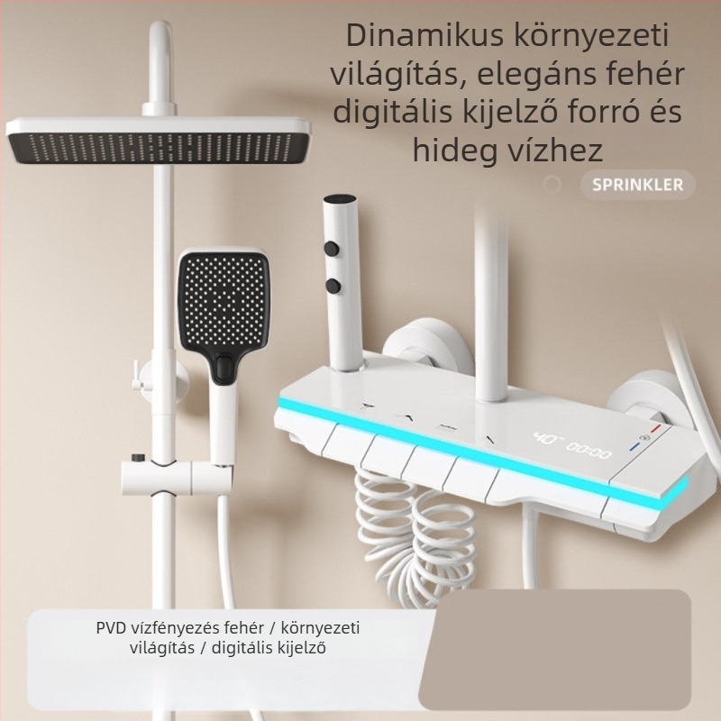 Zuhanykészlet négyzet alakú zuhanyfejjel és digitális kijelzővel (Space alumínium, hőmérséklet szabályozás, LED hangulatvilágítás, falra szerelhető)
