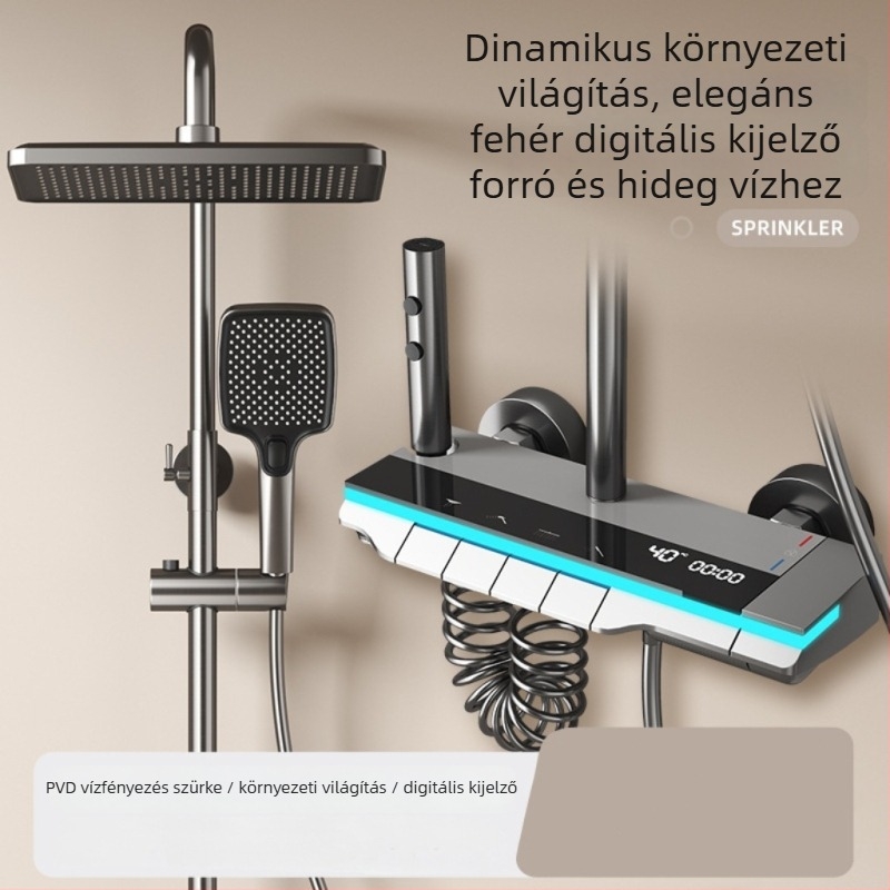 Zuhanykészlet négyzet alakú zuhanyfejjel és digitális kijelzővel (Space alumínium, hőmérséklet szabályozás, LED hangulatvilágítás, falra szerelhető)