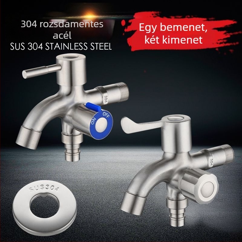 304 rozsdamentes acél mosógép csaptele, kettős kimenet, kefés felület, teljes réz szelepcső, CE tanúsítvány