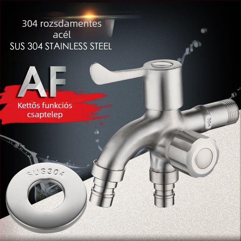 304 rozsdamentes acél mosógép csaptele, kettős kimenet, kefés felület, teljes réz szelepcső, CE tanúsítvány