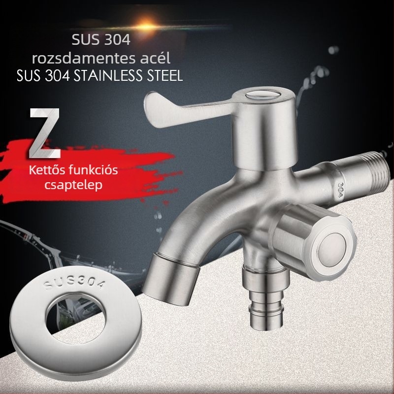 304 rozsdamentes acél mosógép csaptele, kettős kimenet, kefés felület, teljes réz szelepcső, CE tanúsítvány