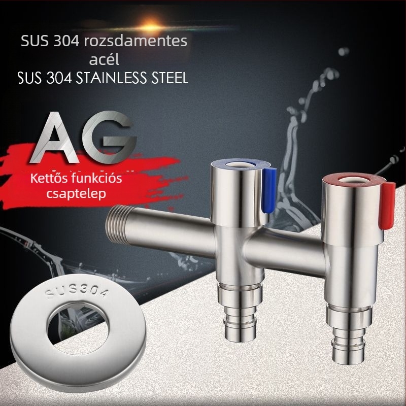 304 rozsdamentes acél mosógép csaptele, kettős kimenet, kefés felület, teljes réz szelepcső, CE tanúsítvány