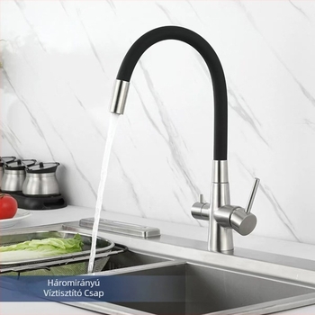 Három az egyben konyhai vízszűrő csaptelep, 304 rozsdamentes acélból, kerámiadiszka szeleppel, G1–2 csatlakozások, 0–90°C működési tartomány