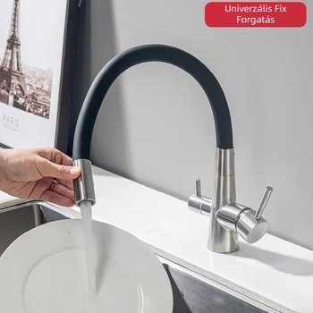 Három az egyben konyhai vízszűrő csaptelep, 304 rozsdamentes acélból, kerámiadiszka szeleppel, G1–2 csatlakozások, 0–90°C működési tartomány