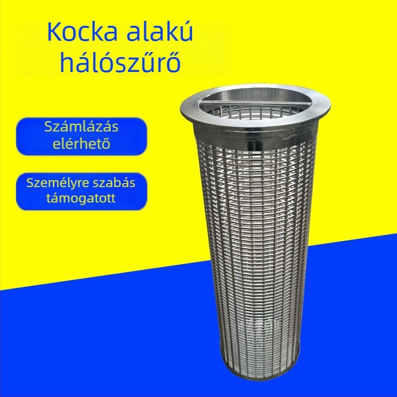 304 rozsdamentes acél hengeralakú szűrő kartusz flanessel szélével perforált hálóval, hegesztett váz, egyrétegű – alkáli-, sav- és hőálló
