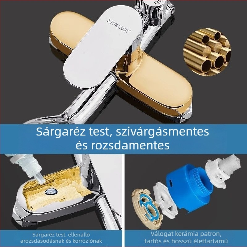 Teljesen réz anyagú falra szerelt zuhanyfej készlet, négyzetes esős fej, krómozott felület és meleg/hideg víz keverő