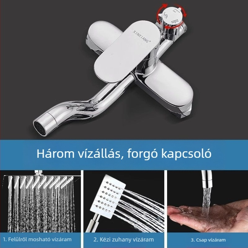 Teljesen réz anyagú falra szerelt zuhanyfej készlet, négyzetes esős fej, krómozott felület és meleg/hideg víz keverő