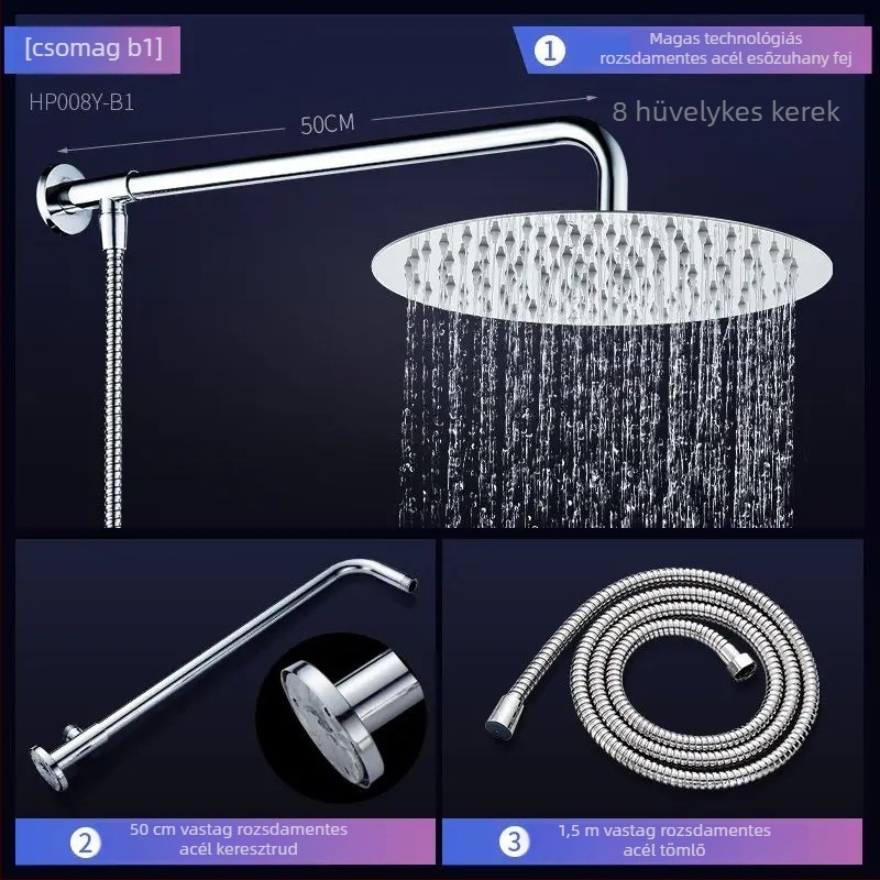 Zuhanykészlet felső sugárral, nyomásnövelt, rozsdamentes acélból, közvetlen csavaros szerelés, modell 020