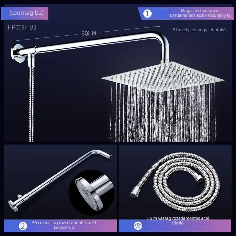 Zuhanykészlet felső sugárral, nyomásnövelt, rozsdamentes acélból, közvetlen csavaros szerelés, modell 020