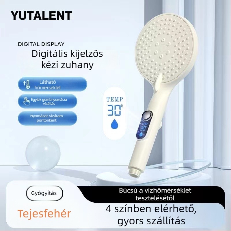 Digitális kijelzős zuhanyfej, kézi zuhanyfej, nagy panel, egy érintéses vízmegszakítás, hőmérséklet-szabályozás, állítható nyomás