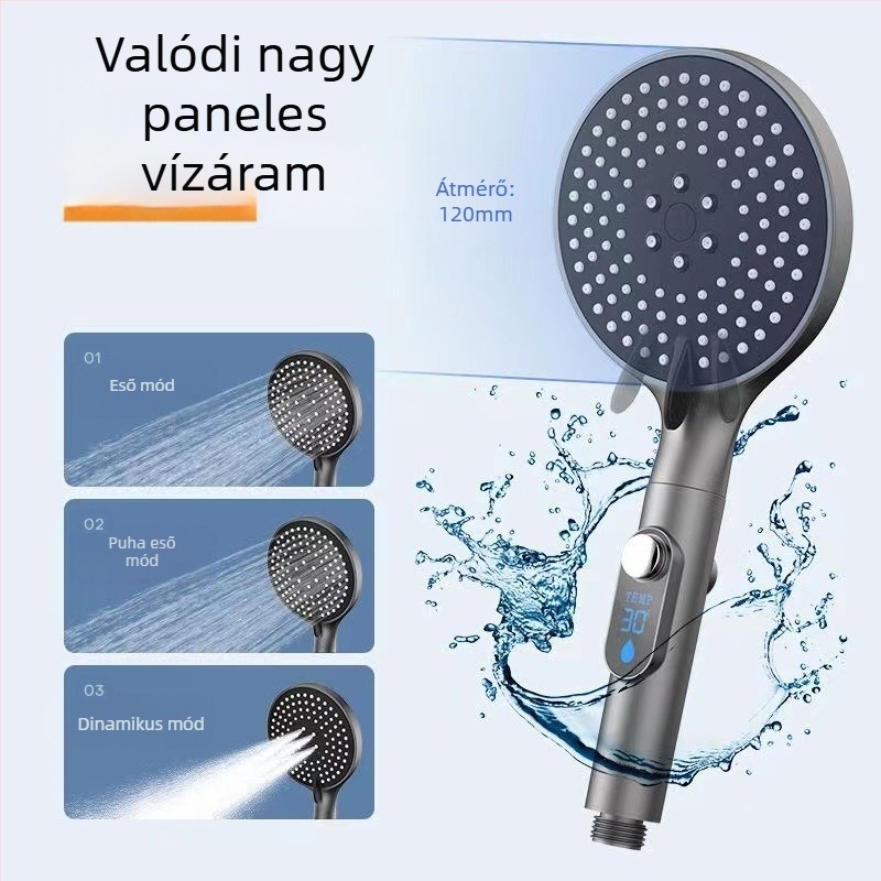 Digitális kijelzős zuhanyfej, kézi zuhanyfej, nagy panel, egy érintéses vízmegszakítás, hőmérséklet-szabályozás, állítható nyomás