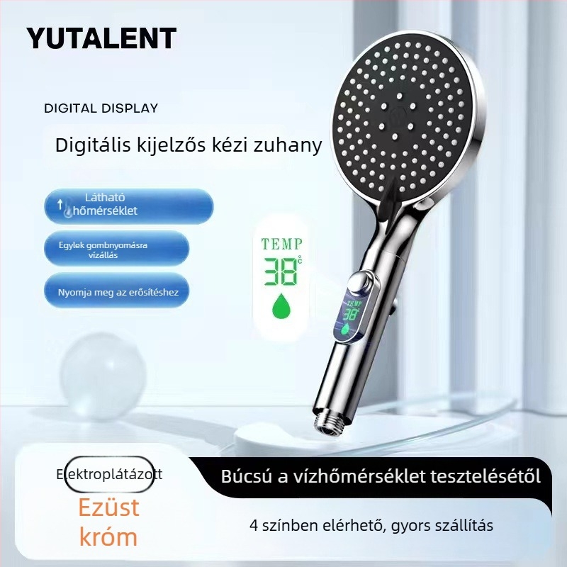 Digitális kijelzős zuhanyfej, kézi zuhanyfej, nagy panel, egy érintéses vízmegszakítás, hőmérséklet-szabályozás, állítható nyomás