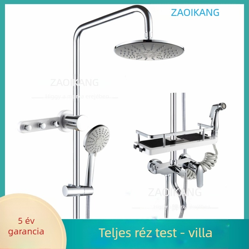 Zuhanykészlet rozsdamentes acélból, falba épített, kerek zuhanyfej, kevert víz kimenet, hőmérséklet-szabályozás