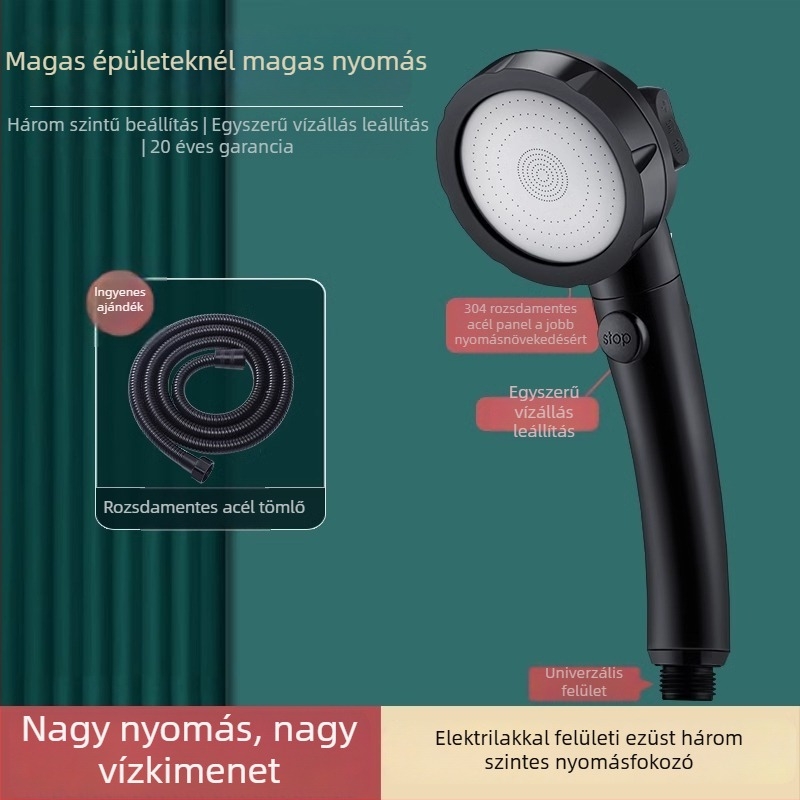 Nyomásos zuhanyfej készlet rozsdamentes acélból, kerek esőfej és kézi zuhany, csavarozható szerelés