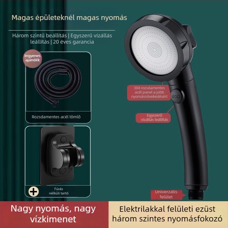 Nyomásos zuhanyfej készlet rozsdamentes acélból, kerek esőfej és kézi zuhany, csavarozható szerelés