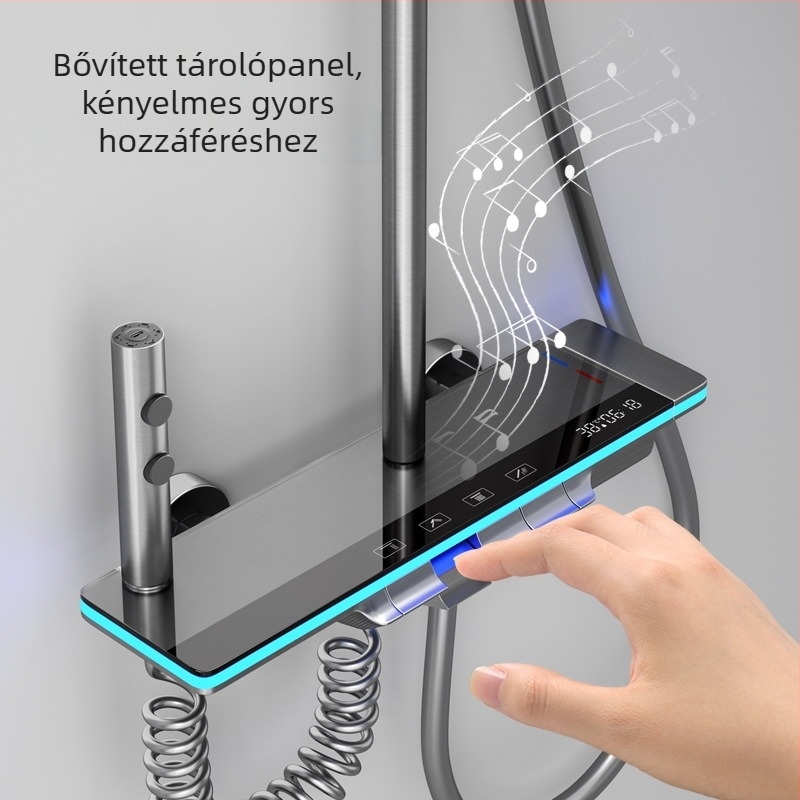 Réz zuhanykészlet, falra szerelhető, digitális hőmérséklet kijelző, állandó hőmérséklet, négyszögletes zuhanyfej