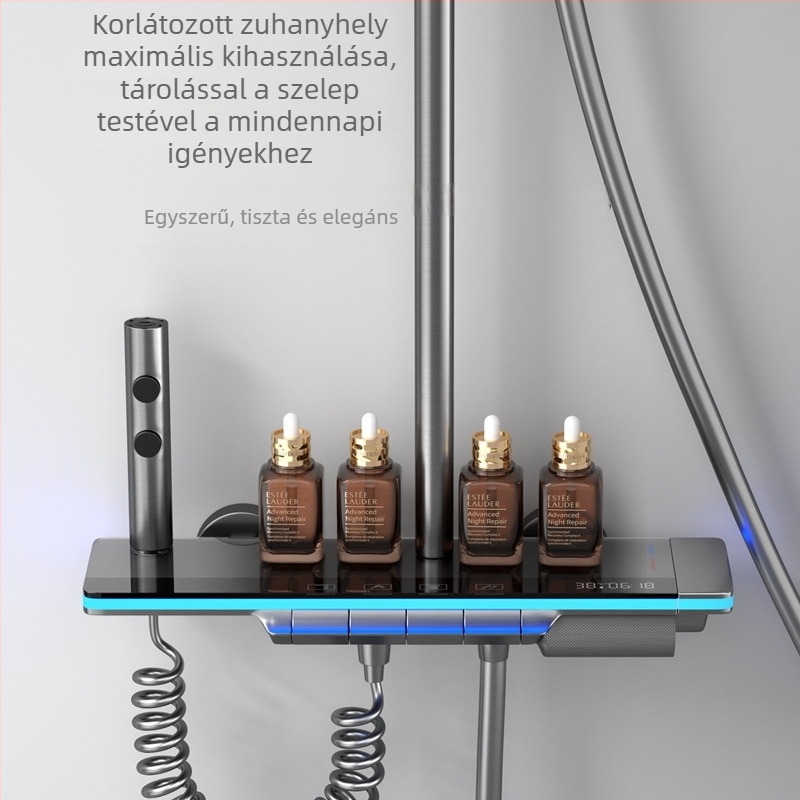 Réz zuhanykészlet, falra szerelhető, digitális hőmérséklet kijelző, állandó hőmérséklet, négyszögletes zuhanyfej