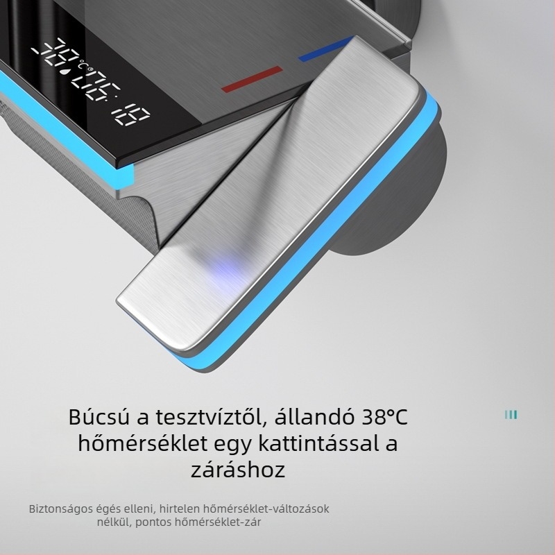 Réz zuhanykészlet, falra szerelhető, digitális hőmérséklet kijelző, állandó hőmérséklet, négyszögletes zuhanyfej