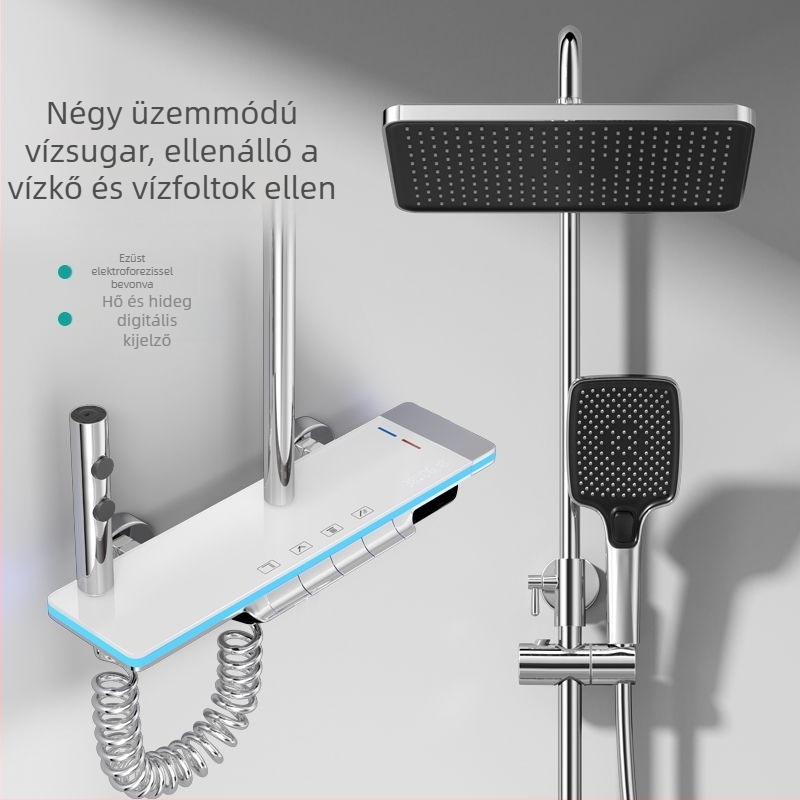 Réz zuhanykészlet, falra szerelhető, digitális hőmérséklet kijelző, állandó hőmérséklet, négyszögletes zuhanyfej