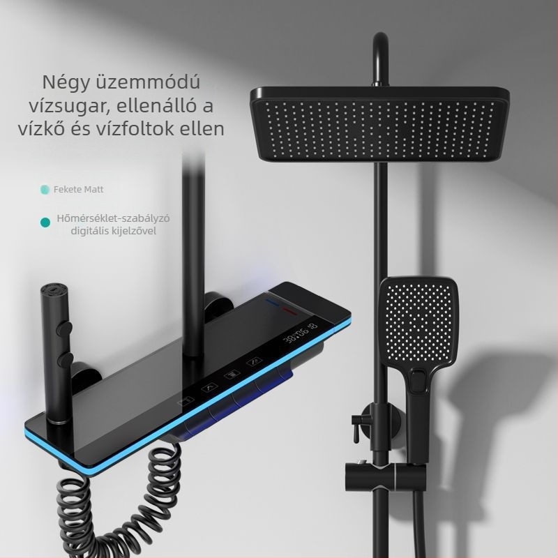 Réz zuhanykészlet, falra szerelhető, digitális hőmérséklet kijelző, állandó hőmérséklet, négyszögletes zuhanyfej
