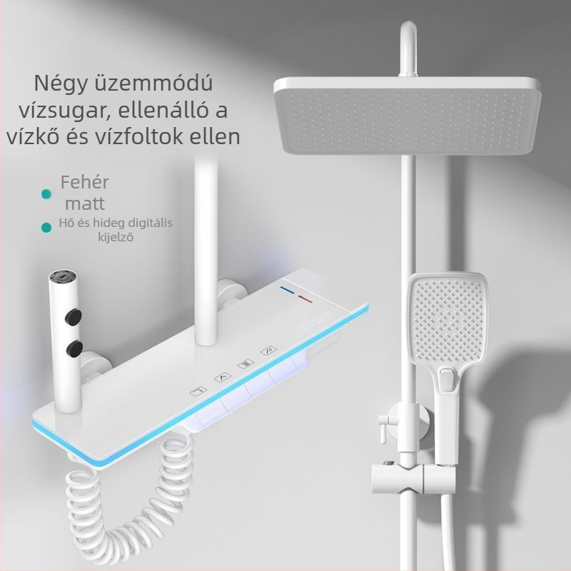 Réz zuhanykészlet, falra szerelhető, digitális hőmérséklet kijelző, állandó hőmérséklet, négyszögletes zuhanyfej
